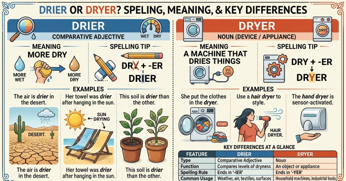 Drier or Dryer? Meaning, Spelling, and Key Differences